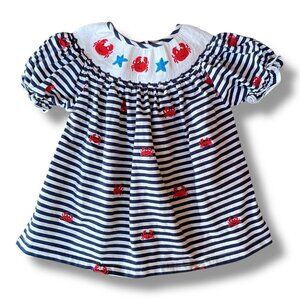 Precious Petals Girls Smocked Dress Sz 2T Blue White Stripe Crabs Starfish